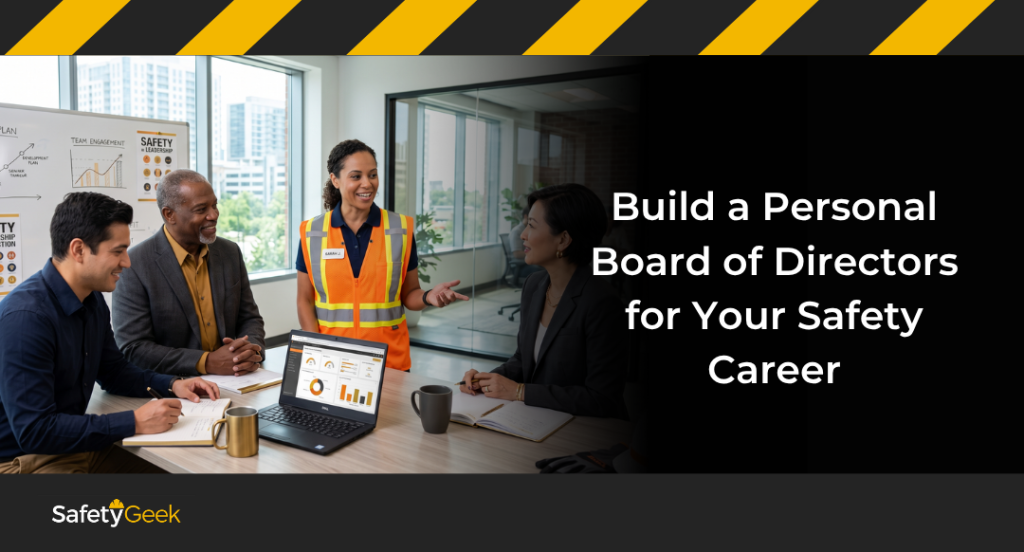 A diverse safety manager collaborating with a personal board of directors for safety career development, discussing performance data at a table with a laptop and a whiteboard displaying leadership posters.