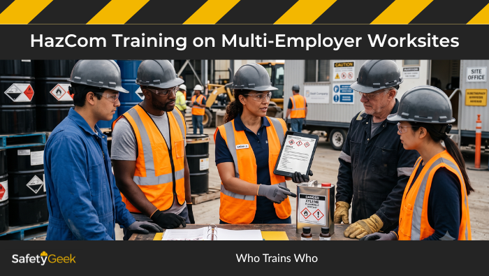 Safety supervisor leading essential HazCom training with subcontractors and temporary workers during a coordination meeting on a complex multi-employer worksite.