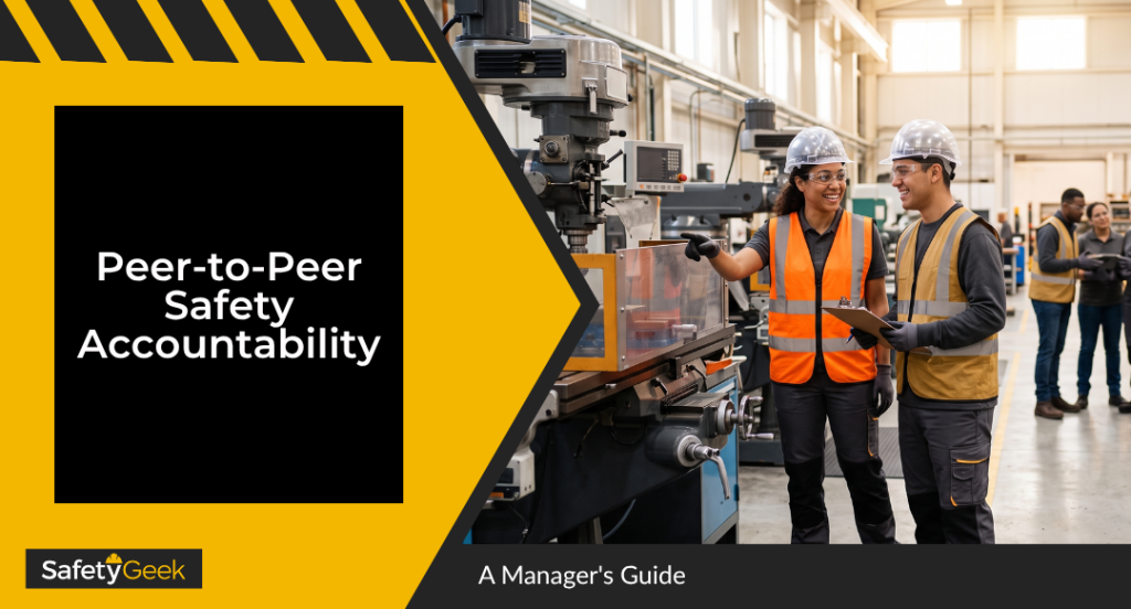 Two manufacturing workers in a bright factory floor demonstrate peer-to-peer safety accountability as one smilingly points out a machine detail to a supportive coworker. Both wear full PPE, including hard hats and hi-vis vests, highlighting a collaborative approach to workplace safety culture.