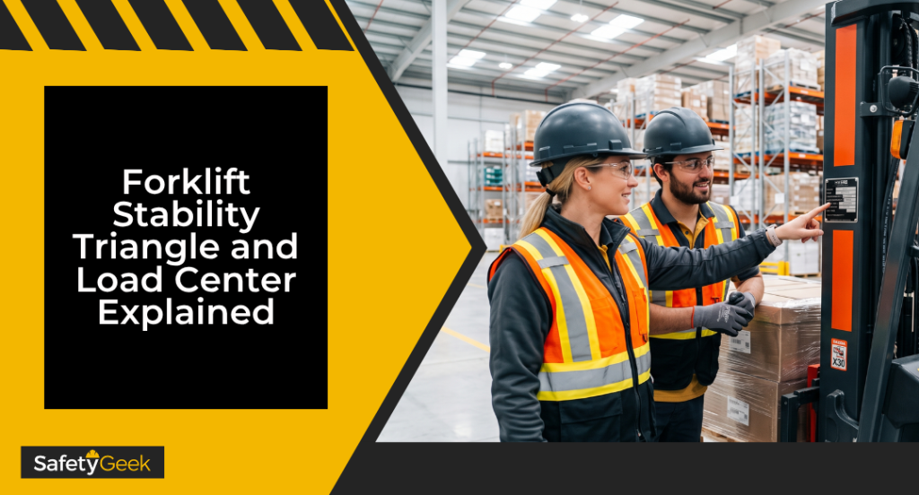 A warehouse safety manager and forklift operator review the forklift data plate on the mast to demonstrate the forklift stability triangle and load center calculation during a safety training session.