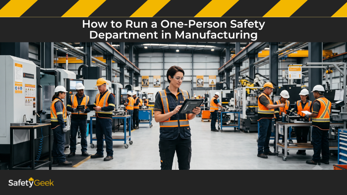 A solo safety manager reviewing data on a tablet while supervisors coach their crews in a modern manufacturing plant, demonstrating effective delegation for a one-person safety department.