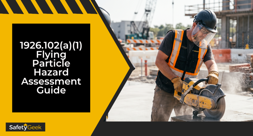 A safety manager uses a tablet to conduct a 1926.102(a)(1) flying particle hazard assessment while a construction worker operates a masonry saw with full protective eye and face gear.