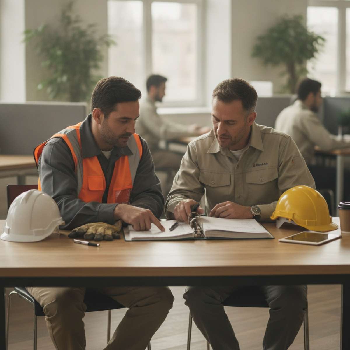 A safety manager and department manager reviewing a written safety policy together in a bright office