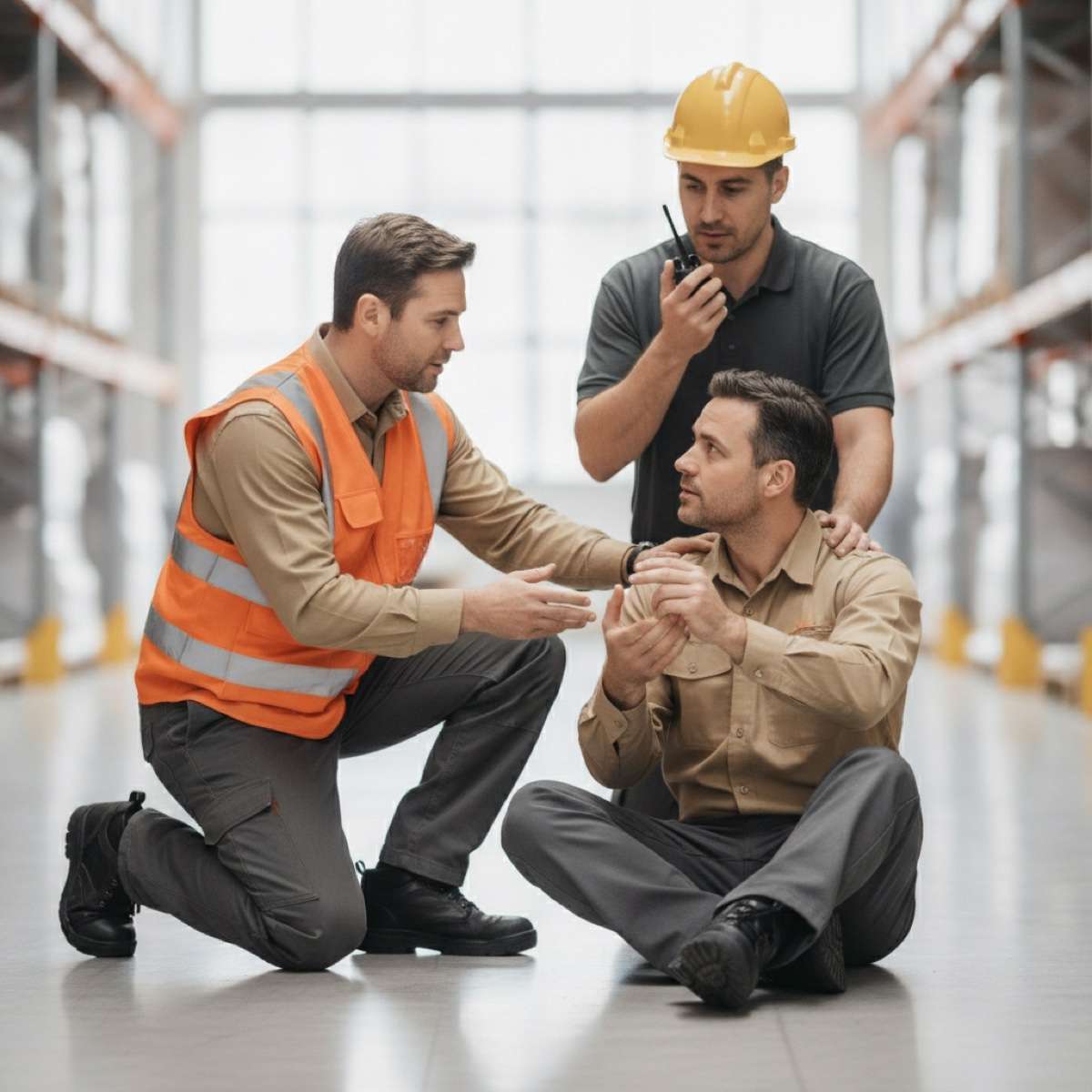 A trained responder giving first aid to a coworker while a colleague directs the incident response, an example of workplace incident response protocols in action