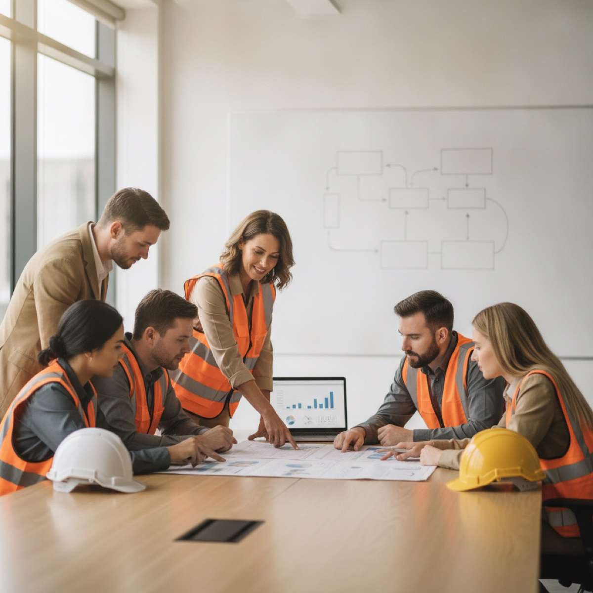 A safety team planning a safety management system around the ISO 45001 core elements