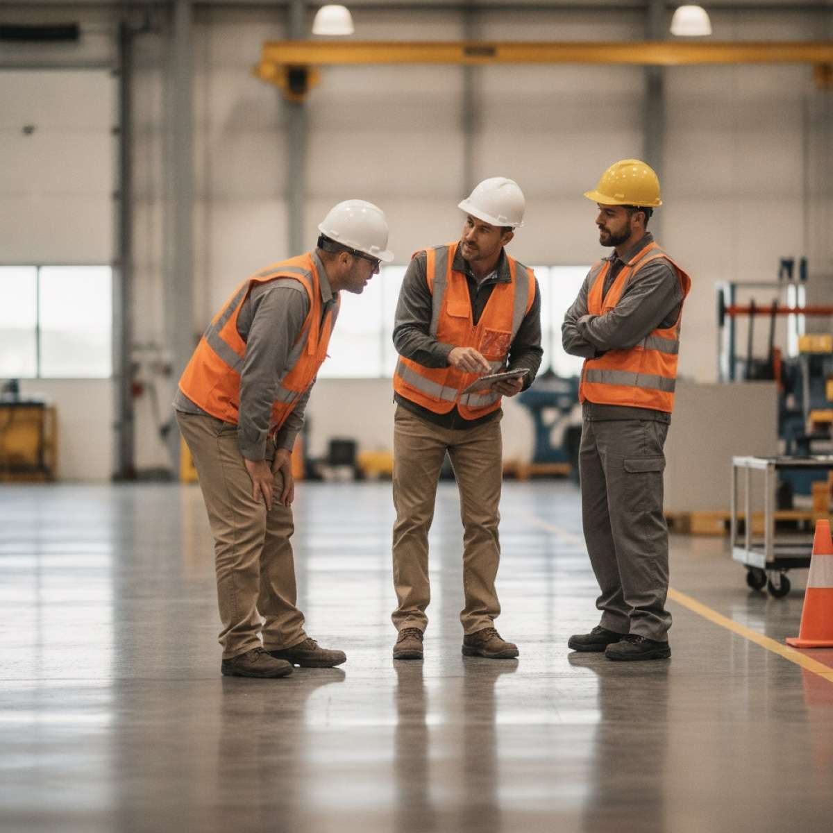 A safety leader engaging frontline workers in a safety huddle, showing visible leadership in safety culture