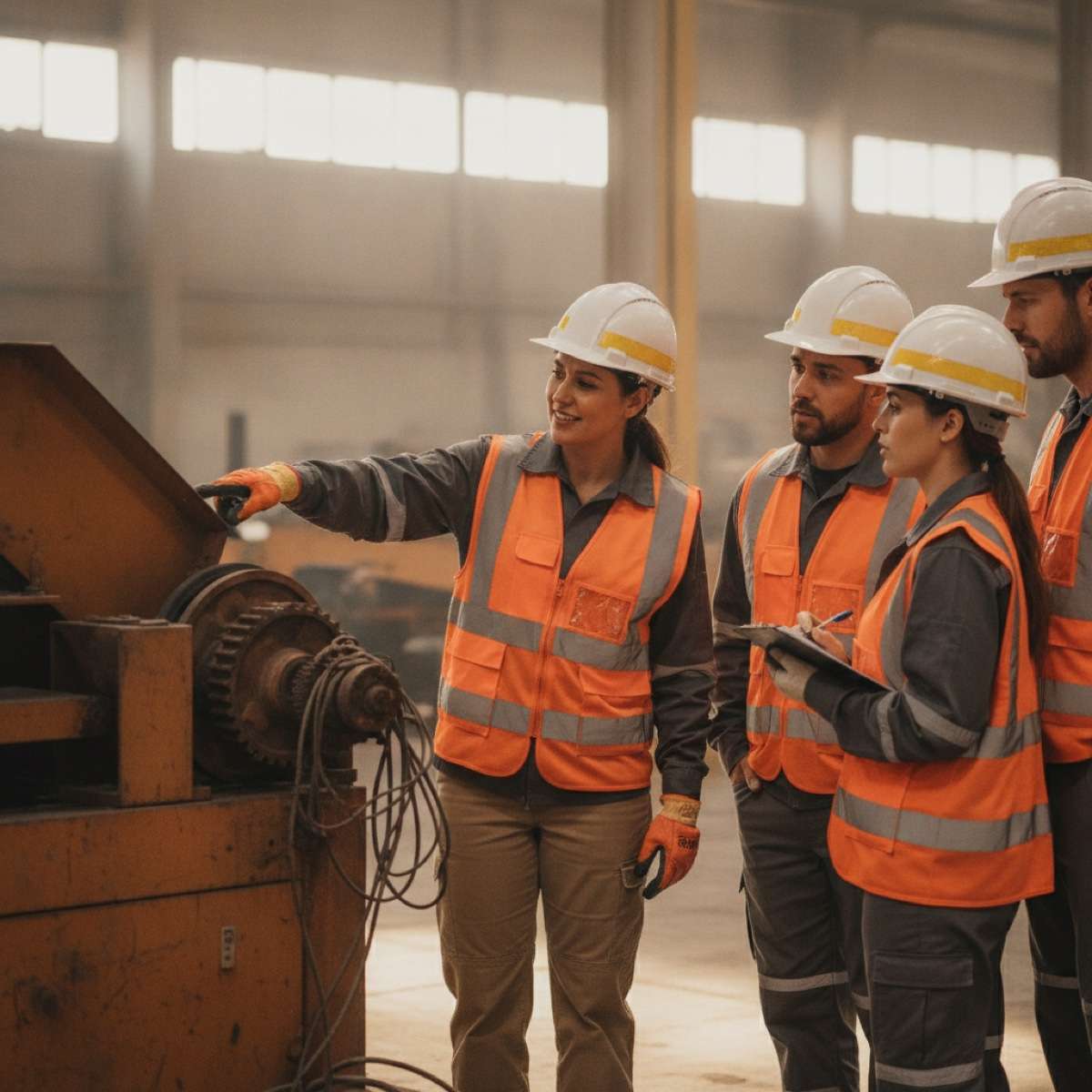 A trainer teaching employees to spot hazards on equipment during a walkthrough